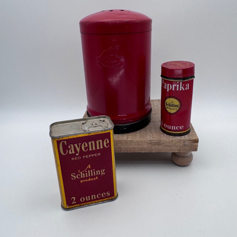 Vintage Schilling Spice Tins Cayenne Paprika and Red Old Dutch Metal Shaker Set